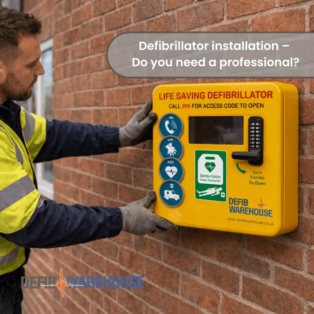 Technician installing Defibrillator outside a building
