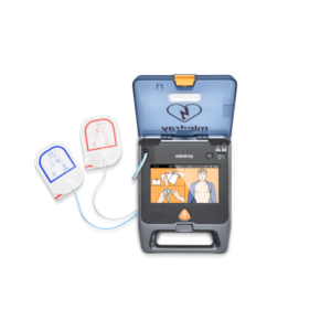 Mindray BeneHeart S2A Semi Automatic Defibrillator with lid opened and pre-connected adult/child pads