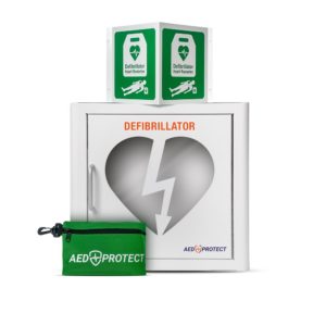 AED Protect Indoor White Cabinet with Alarm, Responder Kit and 3D Sign