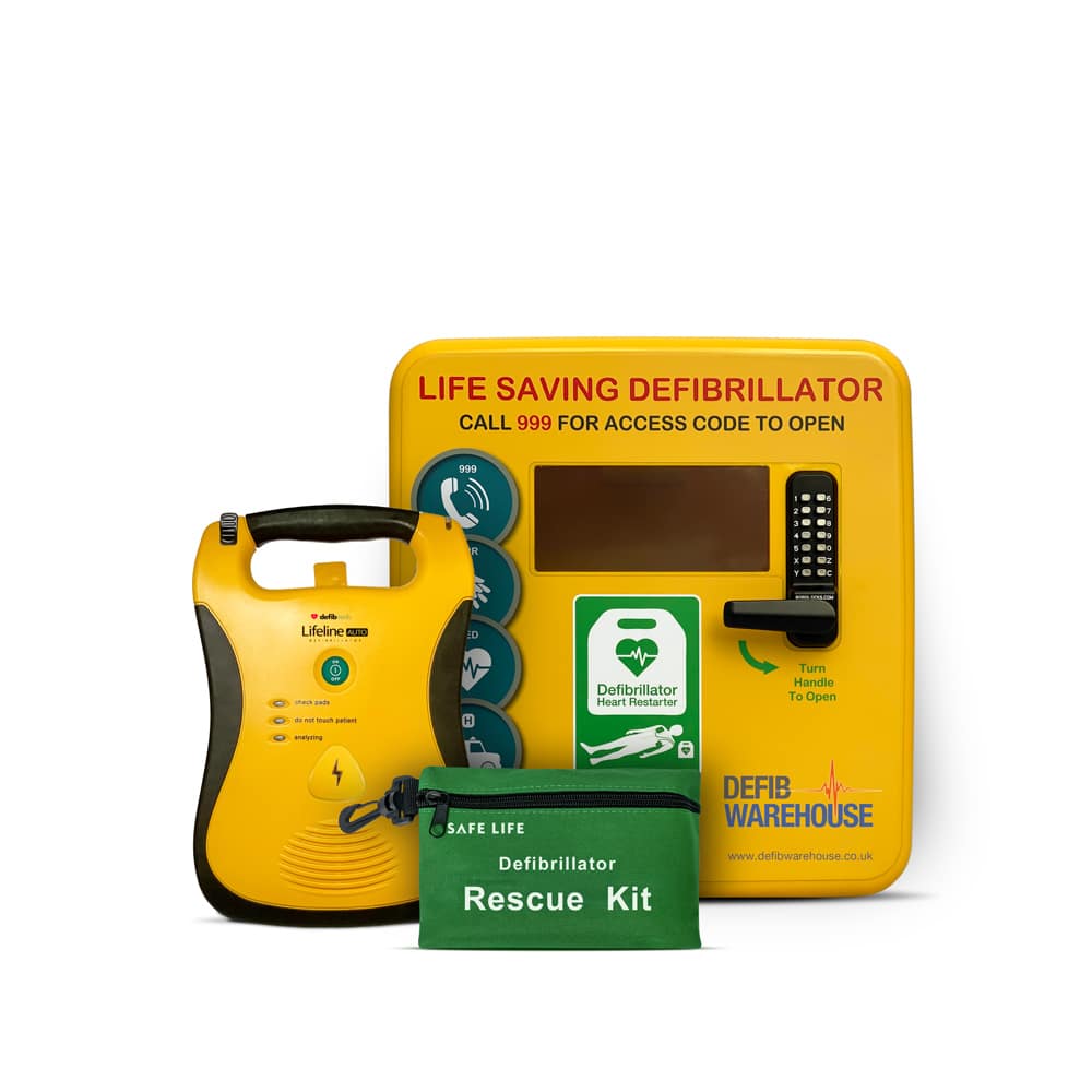 Defibtech Lifeline High Capacity Fully Automatic Defibrillator package with Defibstore 4000 locked cabinet
