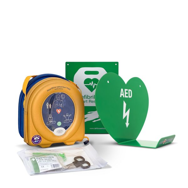 HeartSine 500P Defibrillator with CPR Advisor & AED Protect Green Wall Hanger Package