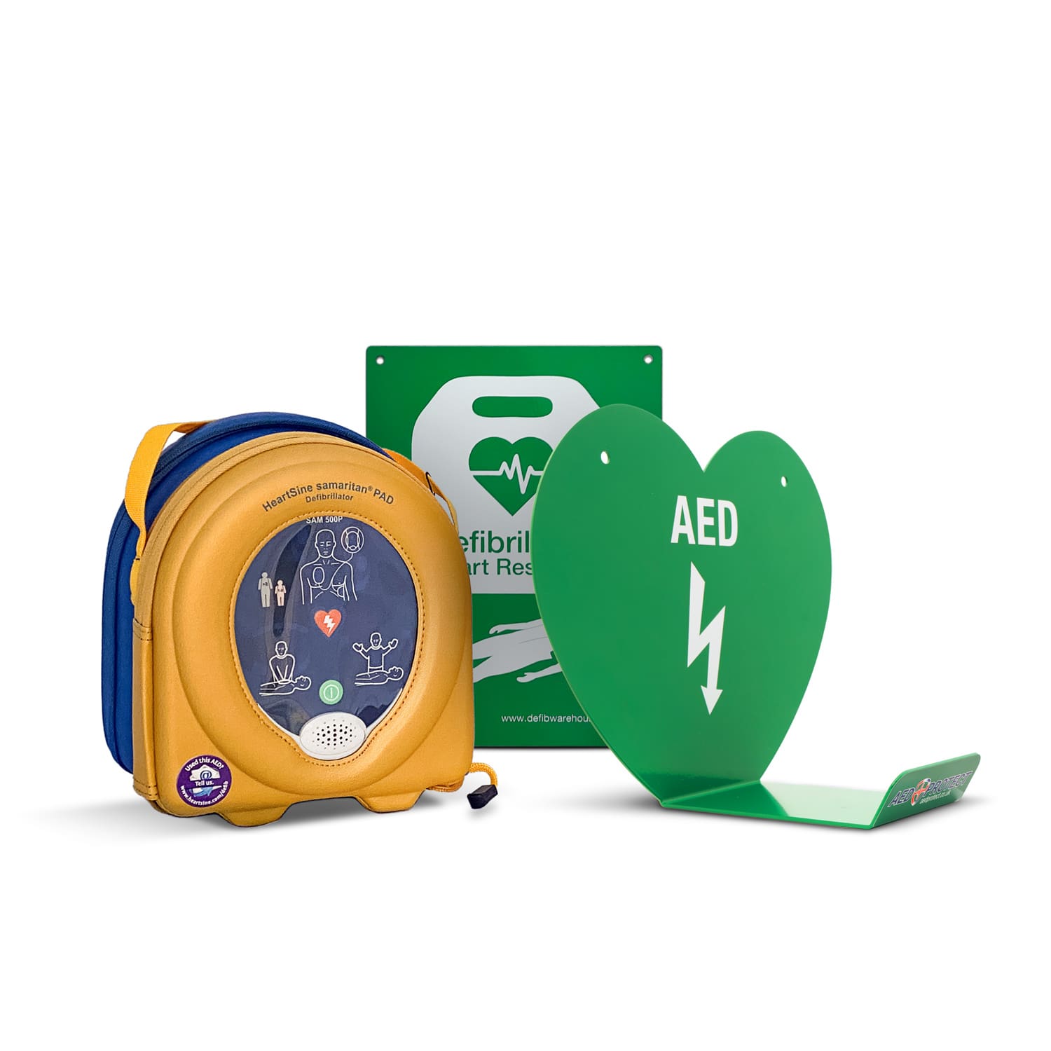 HeartSine 500P Defibrillator with CPR Advisor & AED Protect Green Wall Hanger Package