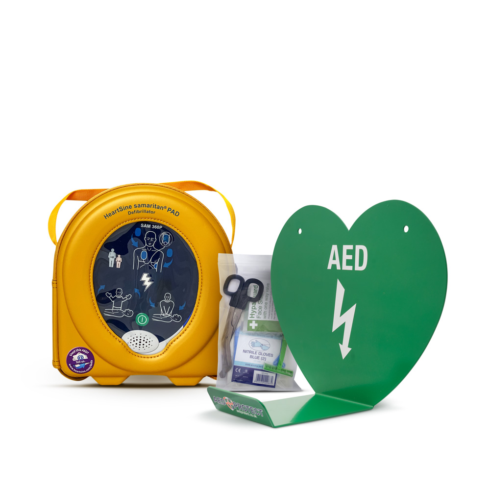 HeartSine Samaritan PAD 360P Fully-Auto AED & AED Protect Green Wall Hanger Package