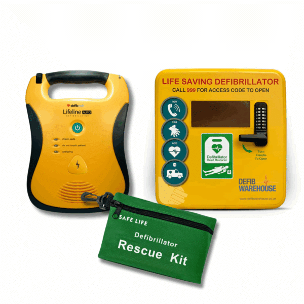 Defibtech Lifeline High Capacity Fully Automatic Defibrillator package with Defibstore 4000 locked cabinet