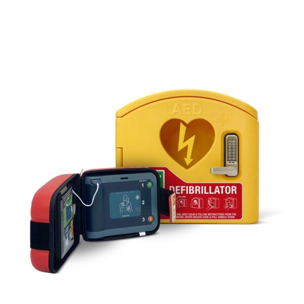 Philips HeartStart FRx Defibrillator with Carry Case & AED Protect Outdoor Locked Package Open